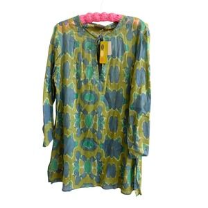 Rockflowerpaper Hillary Lime Beach Tunic XL Blue Green Ikat Cotton Embroidered